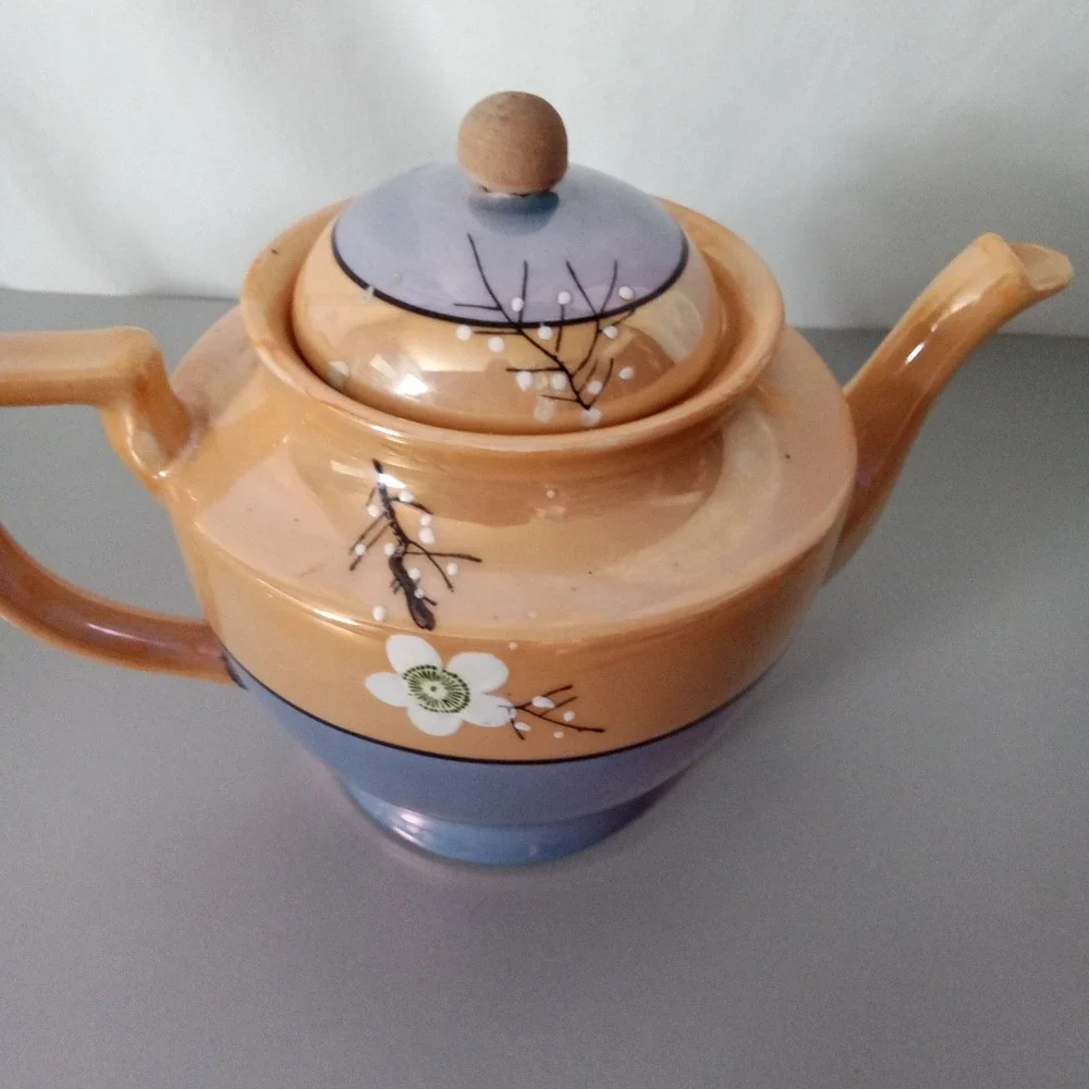 Vintage Lusterware Teapot Cherry Blossom Peach Lavender Made in Japan MCM Floral